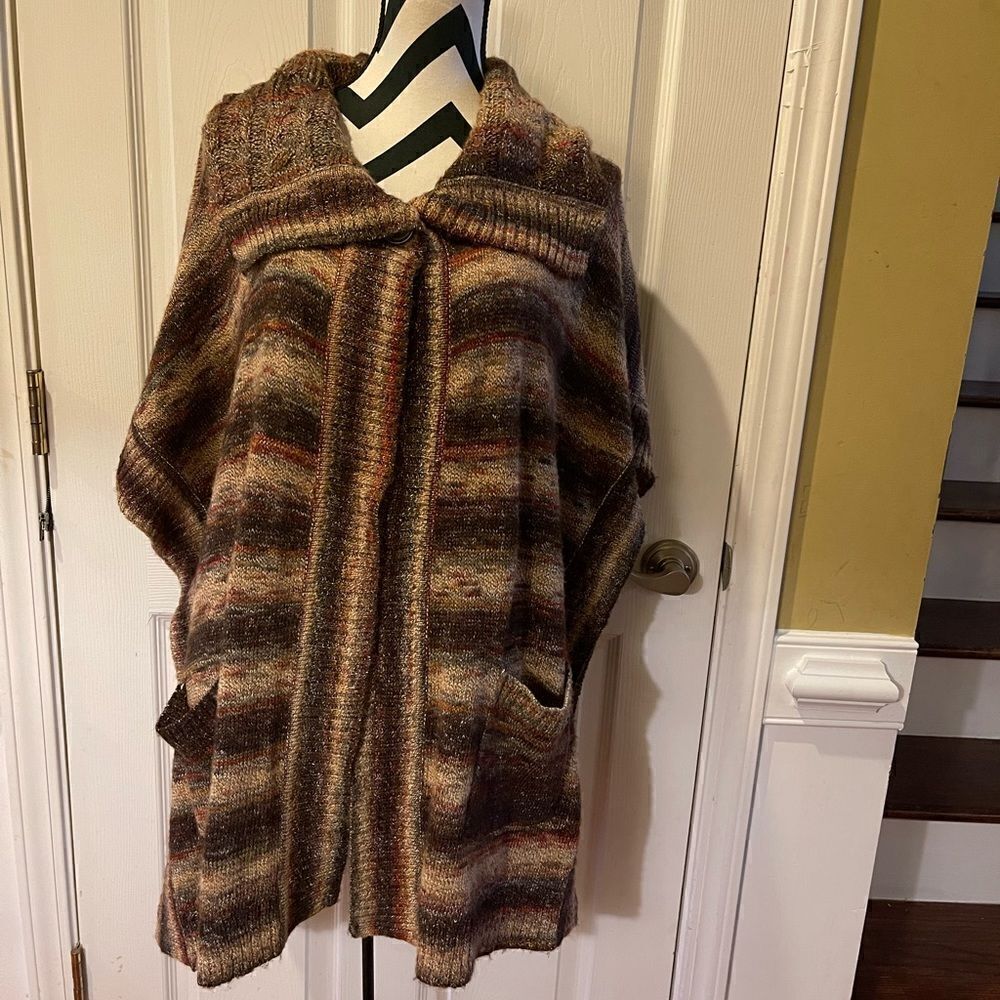 Jones New York Sweater multi fall colors Striped One Button Poncho Knit Boho OS